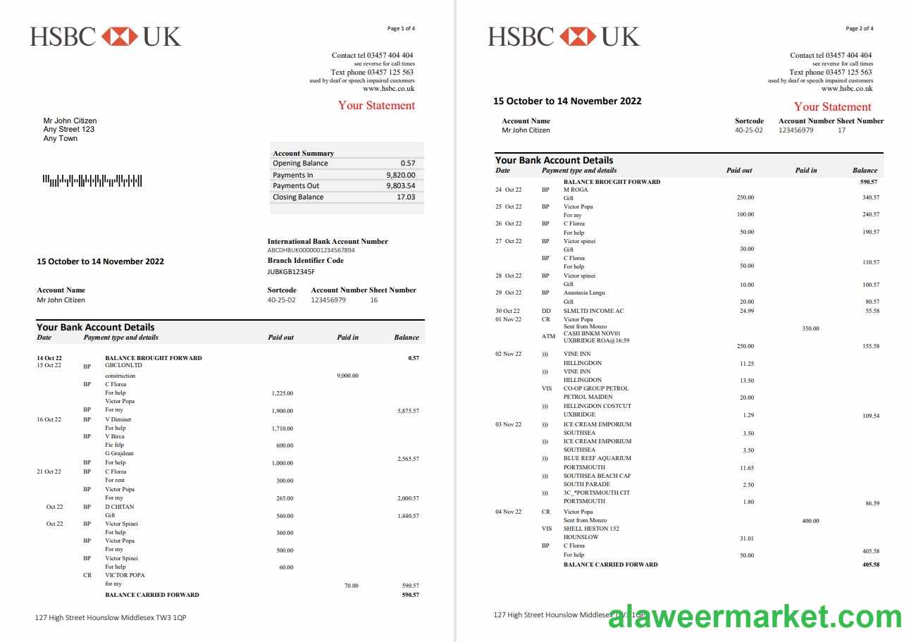 United Kingdom HSBC bank statement, Word and PDF template, 5 pages